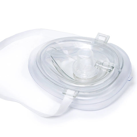 Pack of 5 Single Valve CPR Rescue Masks in Red Hard Case for Adult and Child, Pocket Resuscitator with Elastic Strap, close-up of one mask
