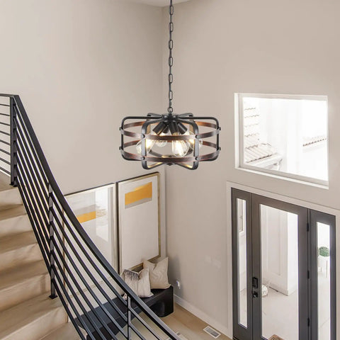Dope Industrial Black 4 Light Cage Chandelier in hallway with staircase, vintage lantern look, E26 base, ceiling mounted.