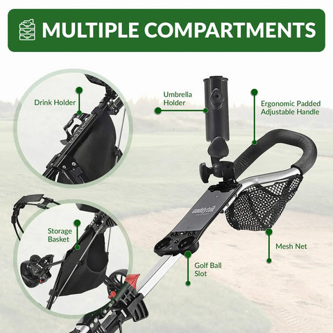 Legit Top Tier Aluminum Golf Push Cart Three Wheel Lightweight Folding Caddie with drink holder and storage features
