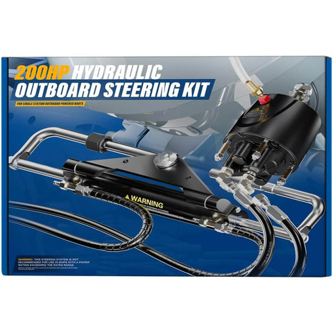 Beefed Up 200HP Hydraulic Outboard Steering Kit For Boats With Electroplated Steering Wheel, Helm Pump, Hydraulic Cylinder And 26Ft PU Hoses