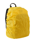 Heavy Duty Tool Backpack with 22 Pockets and Full Zip Closure, covered in yellow rain shield, side view