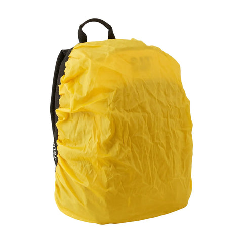 Heavy Duty Tool Backpack with 22 Pockets and Full Zip Closure, covered in yellow rain shield, side view