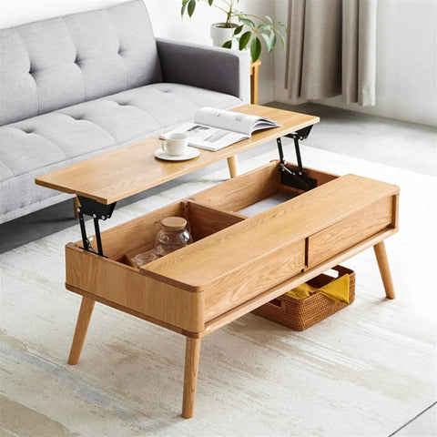 Wooden coffee table with Two Piece Folding Coffee Table Hinges Set With Lifting Top Frame, open showing storage space.