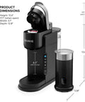 Barista Style Single Serve Coffee Maker With Built In Milk Frother For Hot Or Iced Lattes And Cappuccinos, Three Brew Sizes, Two Oz Shot Button, Works With Any K Cup Pod, Black shown with dimensions 12.6 inches height, 5.1 inches width, 12.8 inches depth.