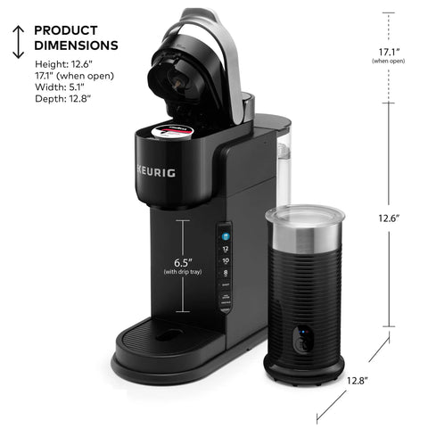 Barista Style Single Serve Coffee Maker With Built In Milk Frother For Hot Or Iced Lattes And Cappuccinos, Three Brew Sizes, Two Oz Shot Button, Works With Any K Cup Pod, Black shown with dimensions 12.6 inches height, 5.1 inches width, 12.8 inches depth.