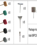 Collage front view of Yutnqin 69pc buffing wheels and wire brushes set for rotary tools; includes 3mm shanks.