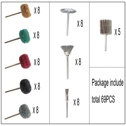 Collage front view of Yutnqin 69pc buffing wheels and wire brushes set for rotary tools; includes 3mm shanks.