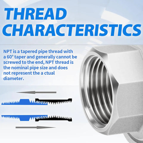 Illustration of 304 Stainless Steel Pipe Fitting Union One Half Inch NPT Female Thread Adapter with thread characteristics