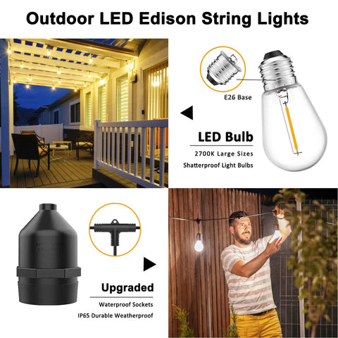 200 Ft Outdoor String Lights Waterproof And Shatterproof For Patio Balcony Cafe Bar Vintage Ambience Cozy Vibe Romantic Decor With Warm Glow For Indoor And Outdoor Parties And Events, E26 base, LED bulb, waterproof socket