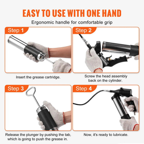 Steps to use 6000 PSI Air Powered Grease Gun for heavy duty lubrication with 14 oz load and 18.5 inch flexible hose instructions.