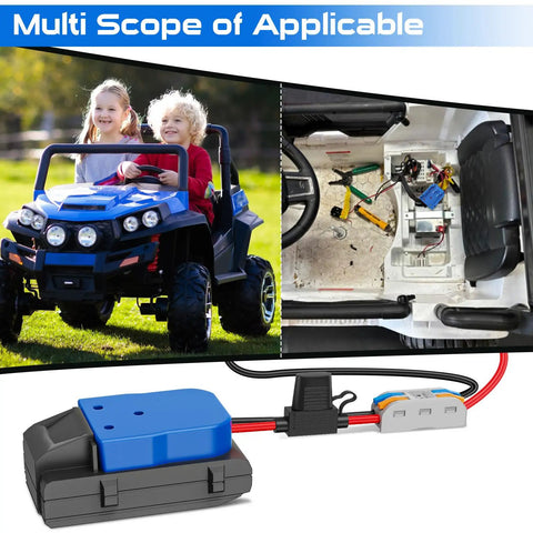 Beefed Up Power Ride Wheel Adapter For Kobalt 24V Battery With Fuse And Wire Terminal, used in RC car and wire setup.
