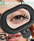 Close-up of 12X magnified eye through Go To Floor Standing Magnifier With Light And Stand, showing lens detail and buttons.