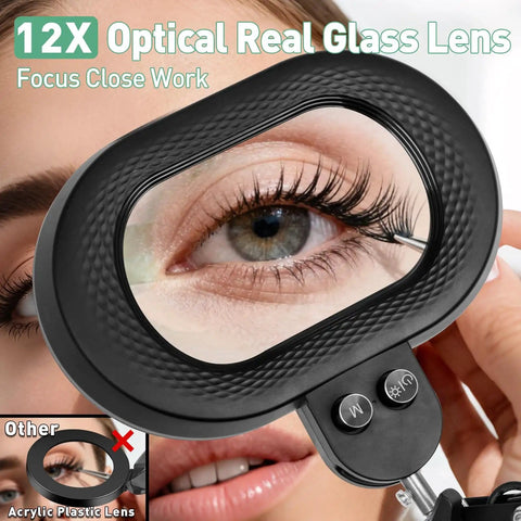 Close-up of 12X magnified eye through Go To Floor Standing Magnifier With Light And Stand, showing lens detail and buttons.