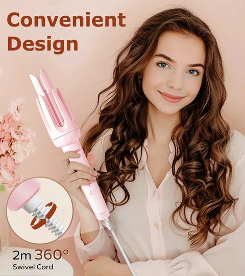 One Click Automatic Hair Curler With Four Heat Settings And Three Timer Options For Beachy Long Lasting Curls Rotating Curling Wand Anti Scald Anti Tangling Auto Shutoff Pink with model holding device