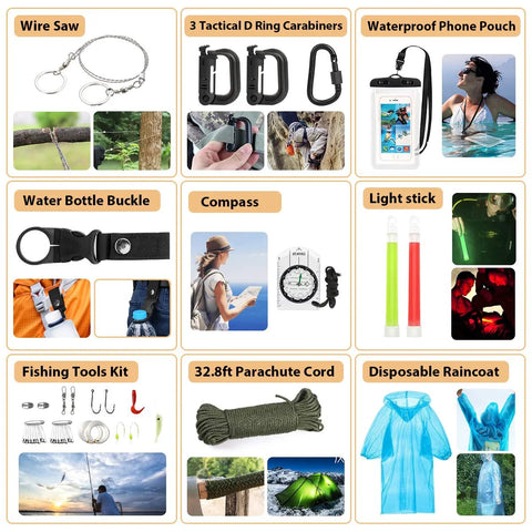 Amazon outdoors survival kit with wire saw, carabiners, phone pouch, compass, glow sticks, fishing kit.