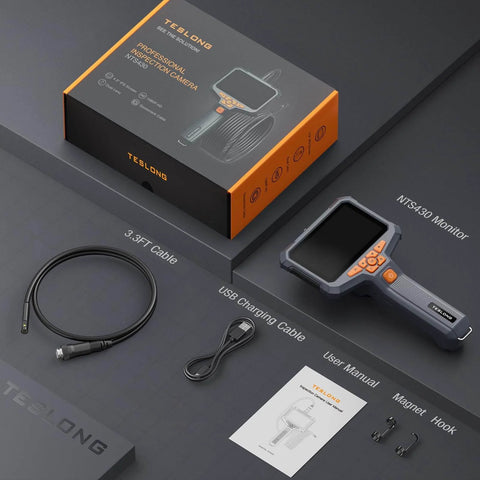 Dual Lens Endoscope With Light For Home And Auto Fixes, 4.3 Inch HD Borescope Camera components layout with accessories