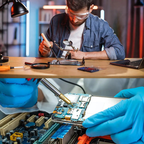 Technician using soldering tools on electronics, illustrating the application of 15 Pack Tiny Vibration Motors 10mm 12000 RPM 3V Micro DC Coin Type