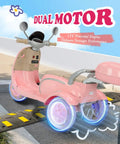 12V Dual Motor Ride On Motorcycle For Kids With Two Seats Pink Electric Moped For Indoor Outdoor Adventures Flip Up Rear Seat One Hour Run Time Easy Start For Little Riders with three wheels and light-up tires