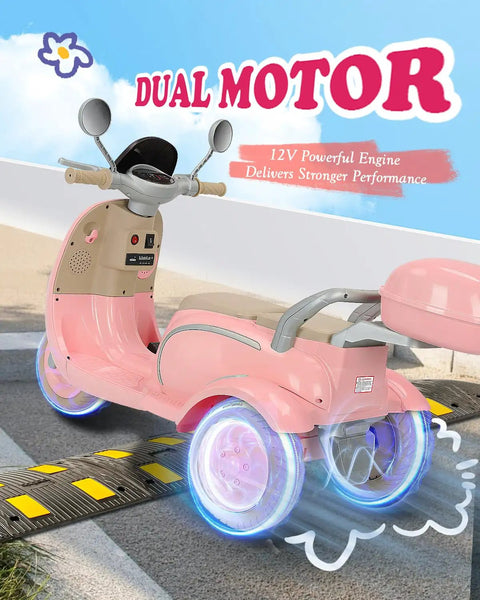 12V Dual Motor Ride On Motorcycle For Kids With Two Seats Pink Electric Moped For Indoor Outdoor Adventures Flip Up Rear Seat One Hour Run Time Easy Start For Little Riders with three wheels and light-up tires