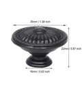 Six Piece Set Black Vintage Flower Cabinet Drawer Knobs With Floral Embossing 1.38 Inch Wide side view with dimensions