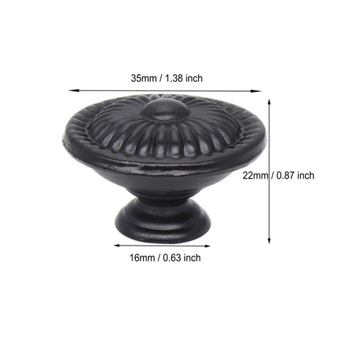 Six Piece Set Black Vintage Flower Cabinet Drawer Knobs With Floral Embossing 1.38 Inch Wide side view with dimensions