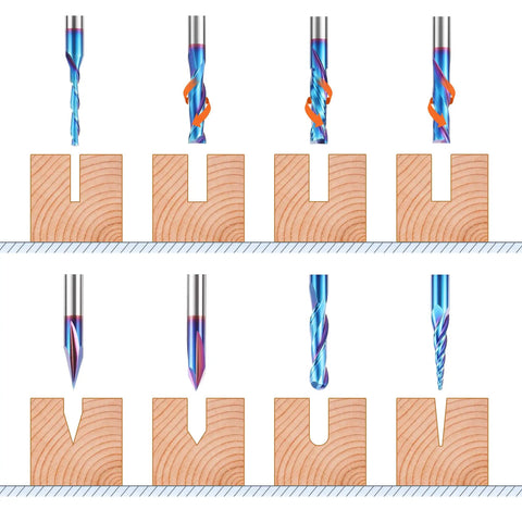 Image of Eight Piece 1/4 Inch Shank CNC Router Bit Set With Pro Grade Tungsten Carbide for wood carving and engraving applications.
