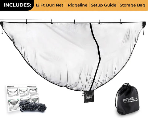 12ft Lightweight Hammock Bug Net for Camping, Easy Setup, Ultra Breathable 360 Degree Coverage, includes ridgeline and storage bag