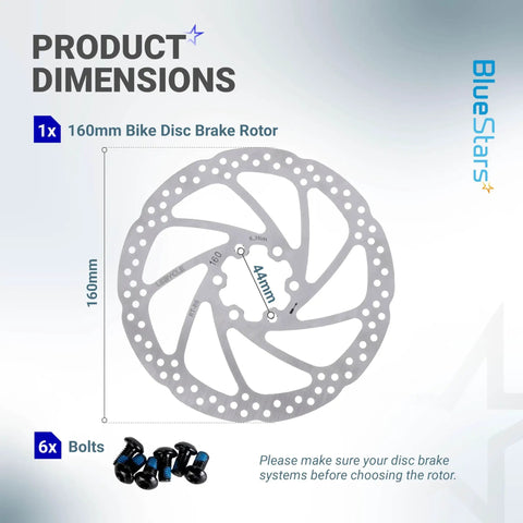 160mm 6-Bolt Stainless Steel Disc Brake Rotor for Road, MTB, BMX Bikes, showing dimensions and 6 bolts included