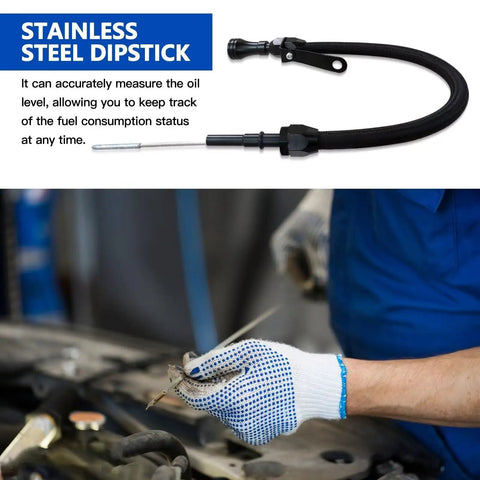 Mechanic using Flexible Black Aluminum And Stainless Oil Dipstick For LS Engines 4.8L 5.7L 6.0L With Teflon-Lined Braided Housing