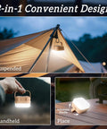 Four Pack Rechargeable Camping Lanterns With 300 Lumens, Three Light Modes shown suspended in tent, handheld, and placed on table.
