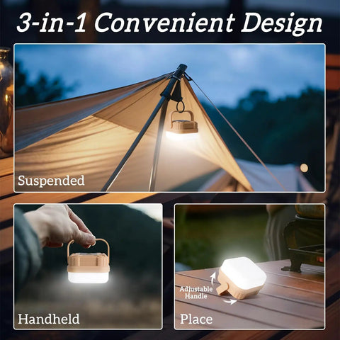 Four Pack Rechargeable Camping Lanterns With 300 Lumens, Three Light Modes shown suspended in tent, handheld, and placed on table.