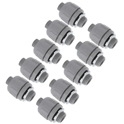 Set Of Ten Heavy Duty One Inch NPT Liquid Tight Conduit Connectors Made From Tough Nylon 6 for outdoor installations.