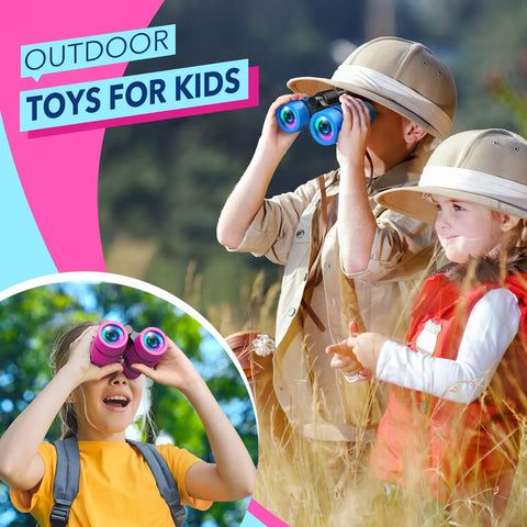 Kids Binoculars For Outdoor Adventures That Are Totally Fun, Great For Bird Watching, Camping, And Hiking, Designed For Ages 4 5 6 7 8, Ideal Gift For Girls And Boys, Lightweight Easy Grip, Real Optics, Durable Toy For Curious Explorers, kids using blue and pink 4x30 binoculars outdoors
