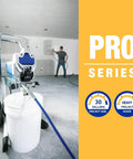 Pro Grade Cart Mount Electric Paint Sprayer Featuring Smooth Atomization and Flow Control, setup with a paint bucket for quick projects.