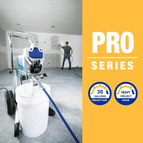 Pro Grade Cart Mount Electric Paint Sprayer Featuring Smooth Atomization and Flow Control, setup with a paint bucket for quick projects.
