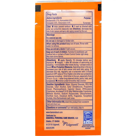 Back of Sport Sunscreen SPF 30 Travel Pack Lotion showing ingredients and directions, in orange 0.4 Fl Oz packet, pack of 24.
