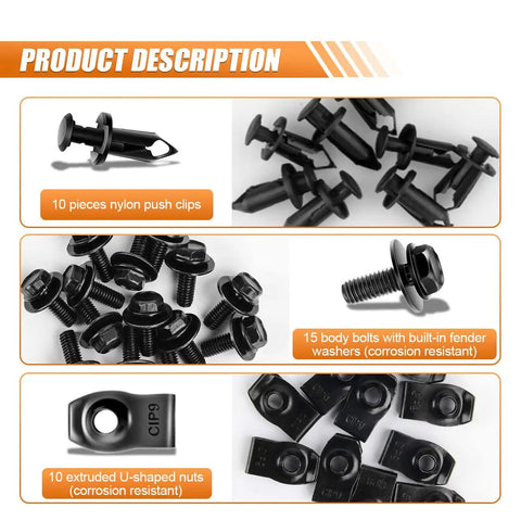 Badass Garage Ready Heavy Duty Auto Bumper Fender Liner Push Clip U Nut Bolt Fastener Rivet Repair Kit 35 Piece Engine Splash Shield Guard Hardware Set includes nylon push clips, black body bolts, and extruded u-nuts.