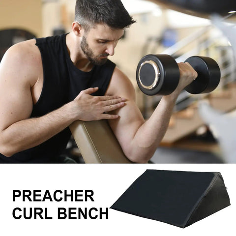 Man lifting dumbbell using Ergonomic Black Curl Pad For Home Gym Space Saving Bicep Support With Adjustable Foam Comfort