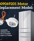 Upgraded 809069201 809069206 Refrigerator Evaporator Fan Motor Replacement with multi-colored wires next to a fridge