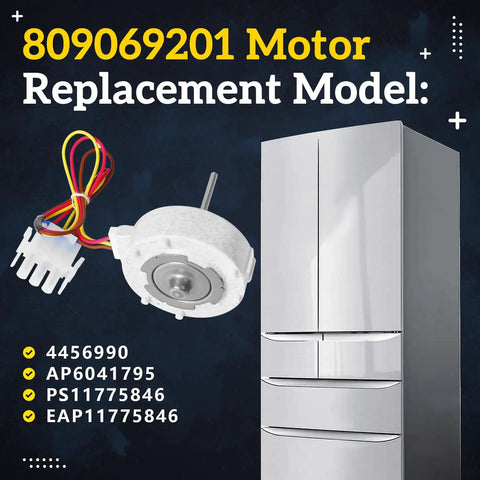 Upgraded 809069201 809069206 Refrigerator Evaporator Fan Motor Replacement with multi-colored wires next to a fridge