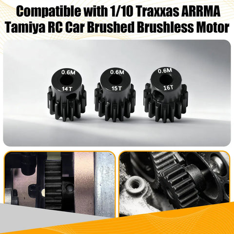 Three Piece 0.6 Mod Hardened Steel Pinion Gear Set With 3.175mm Shaft, 14T 15T 16T Pinions For 540 550 RC Cars