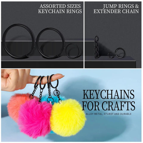 265 Piece Matte Black Swivel Snap Hooks And Heavy Duty Key Rings Set With Lobster Clasps And Jump Rings For Totally Fresh Jewelry Making And Sick Keychain Crafts Plus Zinc Alloy Gear Drops For Everyday Carry Bundles with assorted keychain rings and colorful pom pom keychains.