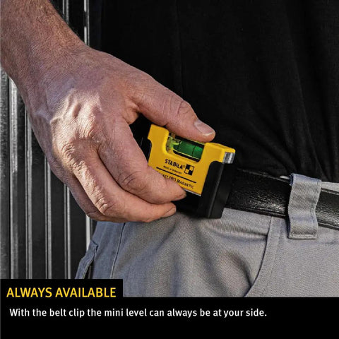 Person clipping Magnetic Pocket Level Pro For Quick On The Go Adjustments Mini Aluminum Frame to belt