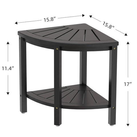 Bamboo Corner Shower Stool Bench Waterproof With Storage Shelf For Bathroom And Inside Shower Perfect Seat For Shaving Legs Easy To Clean Non Slip Black, showing corner-friendly design and dimensions.
