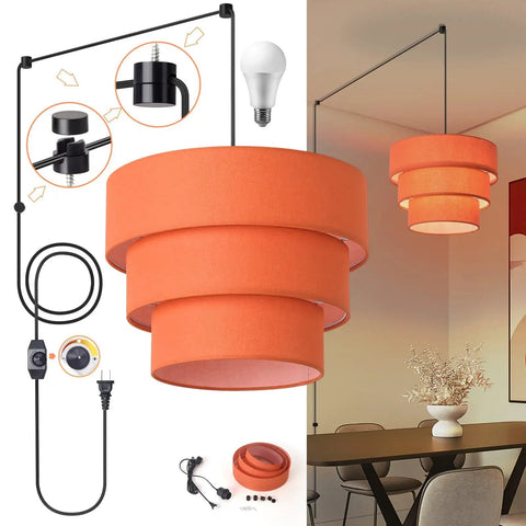 Orange Plug In Pendant Light With Three Tier Mid Century Modern Linen Shades Stylish Hanging Chandelier For Living Room Bedroom Decor That Level Up Your Space Vibe And Delivers Smooth Ambiance To Your Coolest Chill Spots Around with three tiers and dimmer switch.