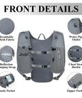 Front view of Ultra Lightweight Hydration Vest Backpack with 1.5L Insulated Water Bladder, chest strap buckle, zipper pocket details.