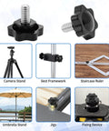 1/4-20 Knurled Thumb Screws Set, Black Plastic Knobs, 12 Pieces shown in various uses like tripods and umbrella stands