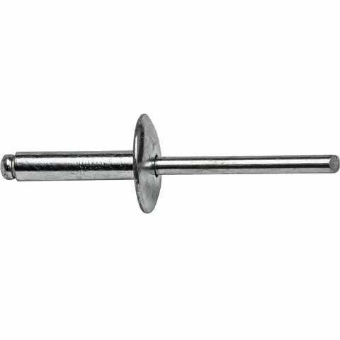 Close-up of Large Flange Pop Rivets 3/16 in x 3/4 in Aluminum, corrosion-resistant fastener, open-end design for DIY use.
