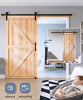 EaseLife Eight Foot Sliding Barn Door Track And Hardware Kit with Basic J Pulley installed, wooden door on black track.