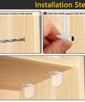 Installation steps for Clear Plastic Locking Shelf Pegs 5mm Diameter Self Locking Shelf Pins for 3/4 Inch Thick Shelves 20 Pieces